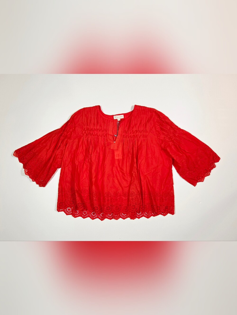 Jennifer & Grace Coral Red Eyelet Hem Top NWT 2X Plus Size Bell Sleeves Pintuck